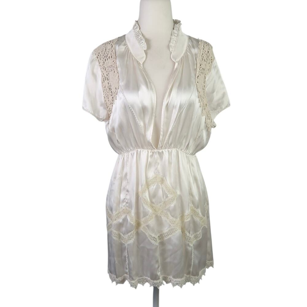 Hale Bob cream silk satin babydoll tunic top L